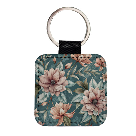 Minimalist Flowers Floral Pattern Square Faux Leather Keychain