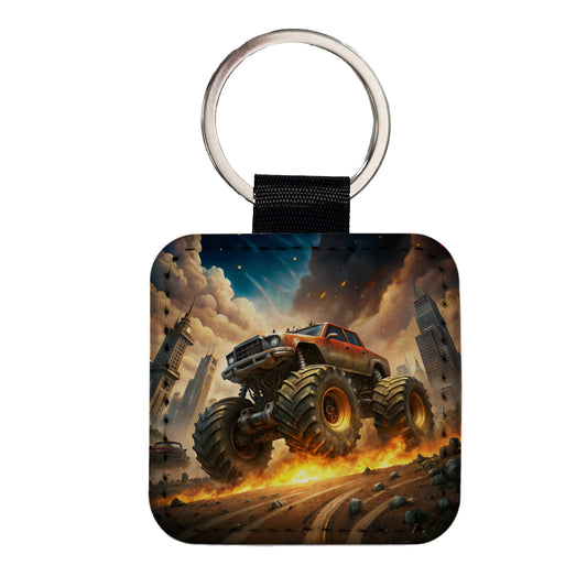 Monster Off-Road Truck Demolishing Cars Square Faux Leather Keychain