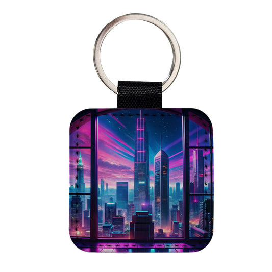 Neon Cityscape As Seen Through Skyscraper Window Purple Blue Square Faux Leather Keychain