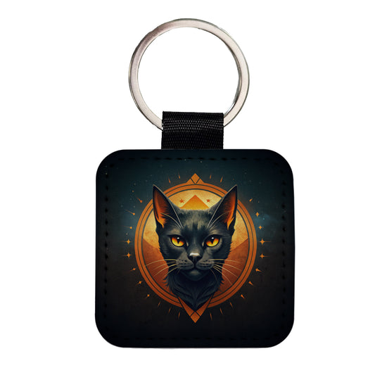Noir Black Cat Design Square Faux Leather Keychain