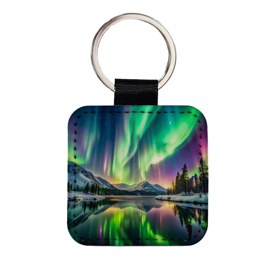 Northern Lights Over Lake Square Faux Leather Keychain