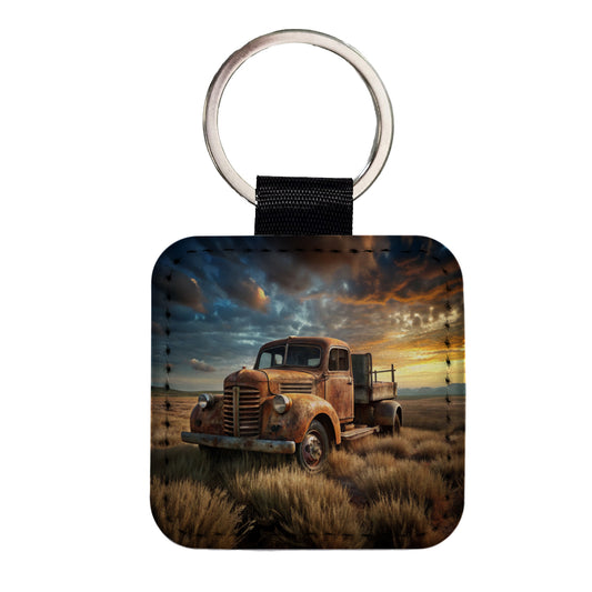Old Rusted Retro Classic Truck Sitting In Field Square Faux Leather Keychain