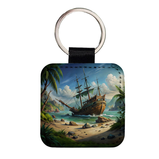 Pirate Sailing Ship Shipwreck Square Faux Leather Keychain