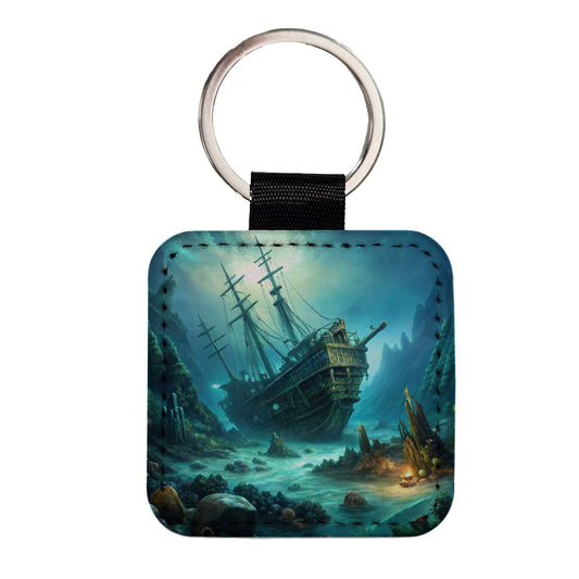 Pirate Ship Shipwreck Under The Ocean Square Faux Leather Keychain