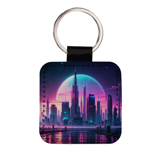 Purple Neon Sci-fi City Horizon Square Faux Leather Keychain