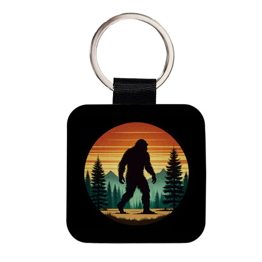 Retro Bigfoot Walking In The Forest Square Faux Leather Keychain