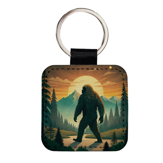 Retro Bigfoot Walking In The Woods At Sunset Square Faux Leather Keychain