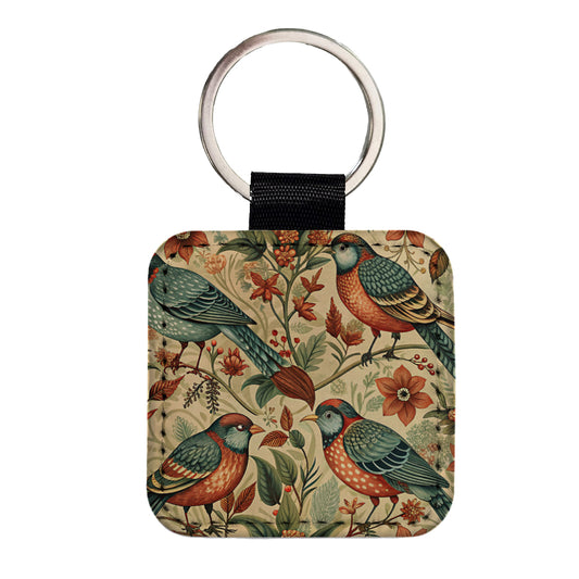 Retro Birds Floral Pattern Vintage Design Square Faux Leather Keychain