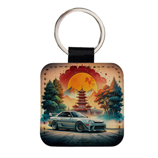 Retro Classic JDM Tuner Car Art Square Faux Leather Keychain