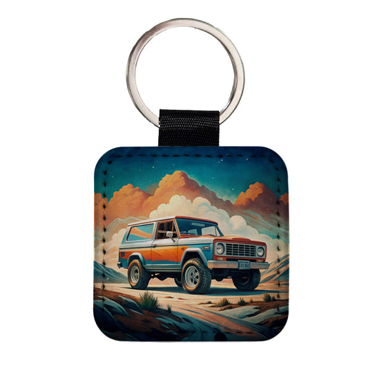 Retro Classic Off-Road Truck Art Square Faux Leather Keychain