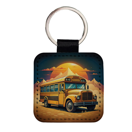 Retro Classic School Bus Square Faux Leather Keychain