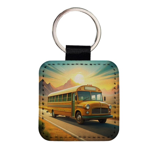 Retro School Bus On Road Square Faux Leather Keychain