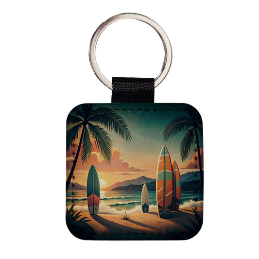Retro Surfboards On Beach Tropical Sunset Illustration Square Faux Leather Keychain