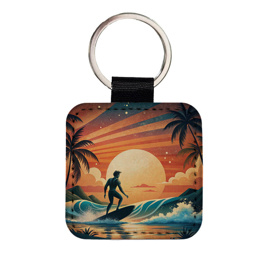 Retro Surfer Beach Tropical Sunset Illustration Square Faux Leather Keychain