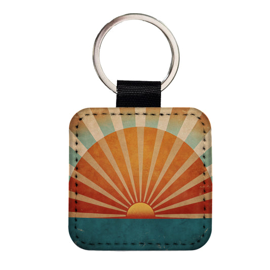 Retro Vintage Rising Sun Design Square Faux Leather Keychain
