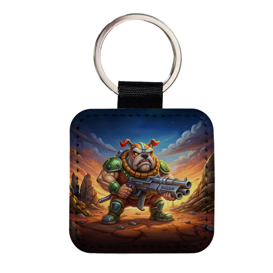 Sci-fi Cartoon Bulldog With Giant Gun Square Faux Leather Keychain