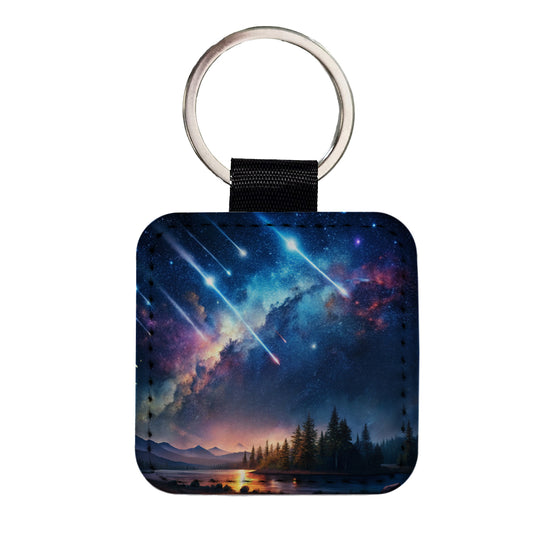 Sci-fi Colorful Meteor Shower Square Faux Leather Keychain