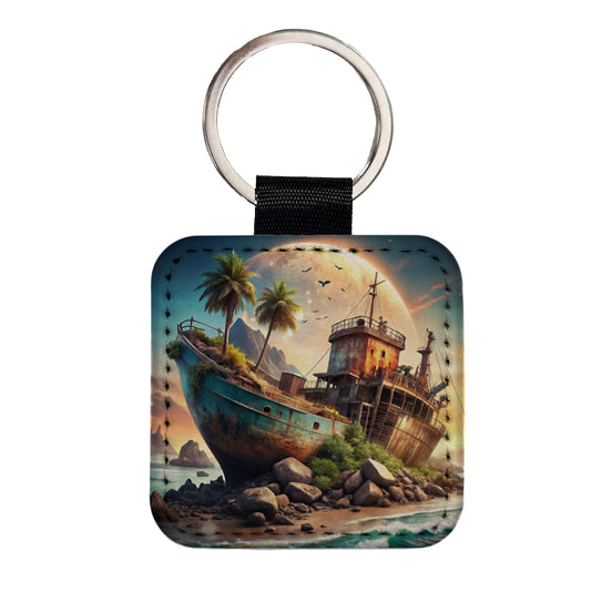 Sci-fi Shipwreck Square Faux Leather Keychain