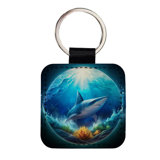 Shark Ocean Bubble Square Faux Leather Keychain