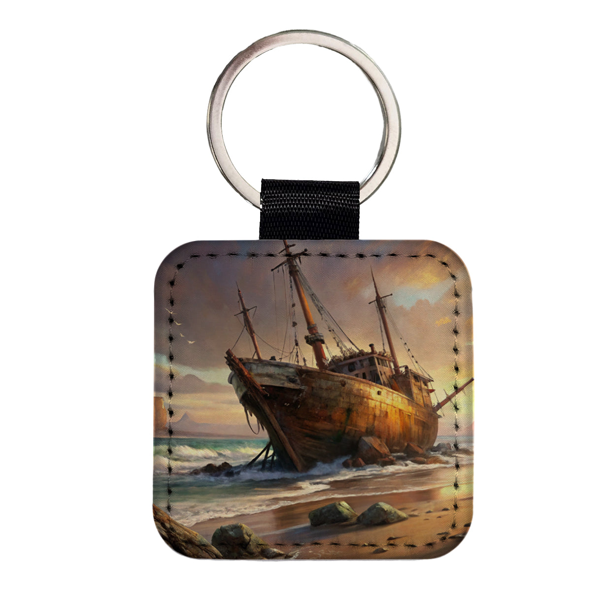 Shipwreck on the Beach Square Faux Leather Keychain