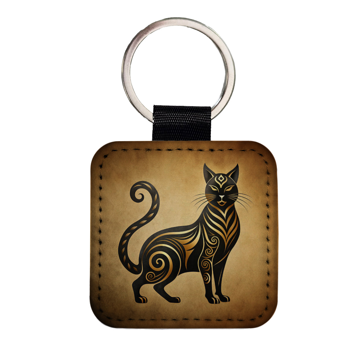Stylized Black Cat Design Square Faux Leather Keychain