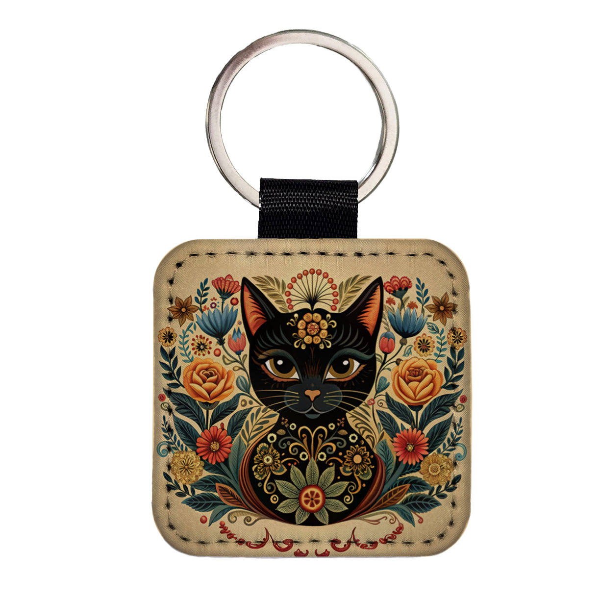 Stylized Black Cat Floral Design Square Faux Leather Keychain