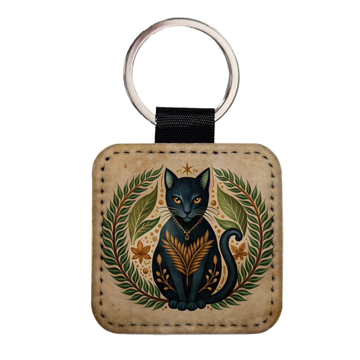 Stylized Black Cat Illustration Leaf Design Square Faux Leather Keychain