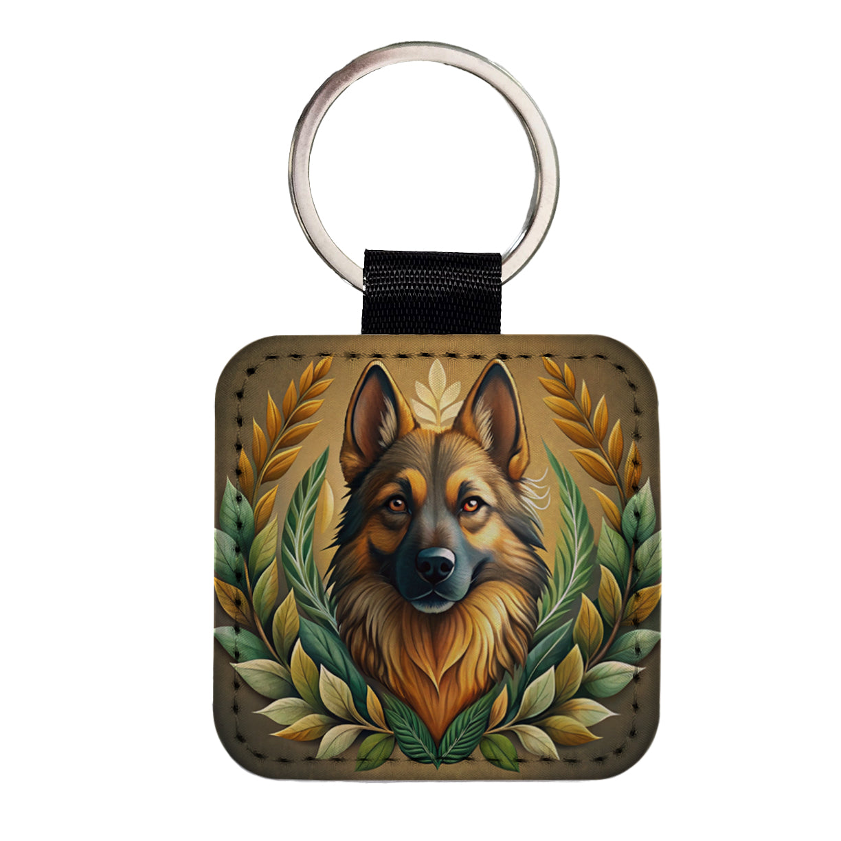 Stylized German Shepherd Illustration Leaf Design Square Faux Leather Keychain