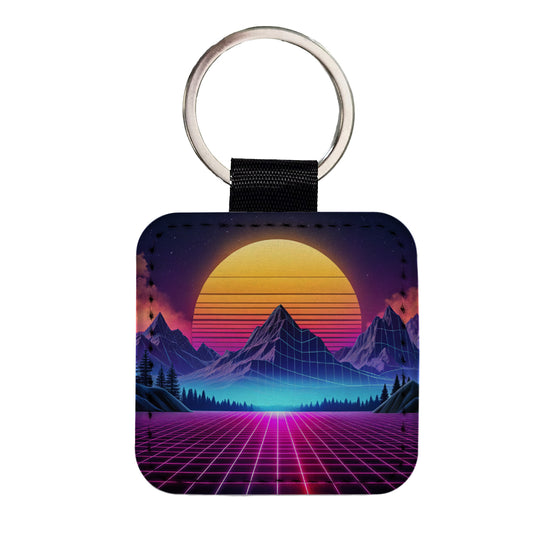 Vaporwave Retro Vector Vivid Mountain Landscape Square Faux Leather Keychain