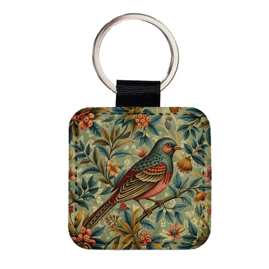 Vintage Retro Bird Floral Design Square Faux Leather Keychain