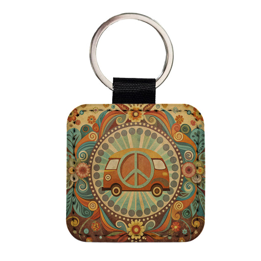 Vintage Retro Boho Hippie Van Peace Design Square Faux Leather Keychain