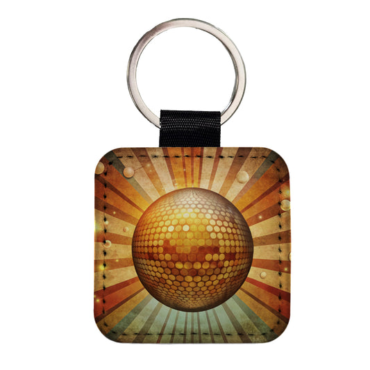 Vintage Retro Disco Ball Design Square Faux Leather Keychain