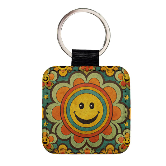Vintage Retro Hippie Smile Pattern Design Square Faux Leather Keychain