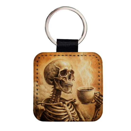 Vintage Skeleton Holding Cup Of Coffee Retro Square Faux Leather Keychain