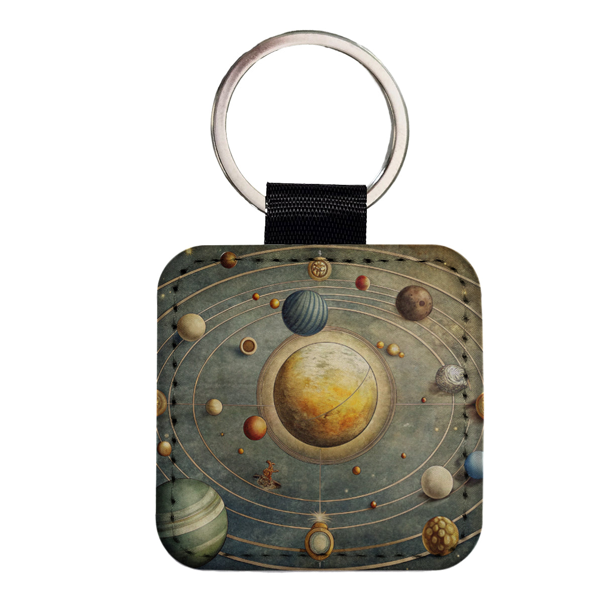 Vintage Solar System Map Square Faux Leather Keychain
