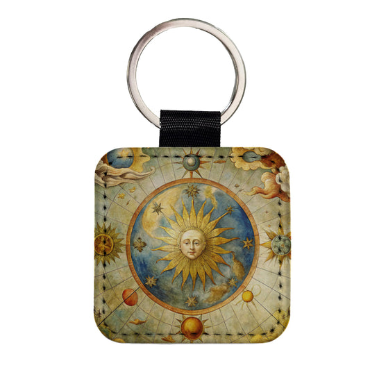 Vintage Sun Moon Celestial Map Square Faux Leather Keychain