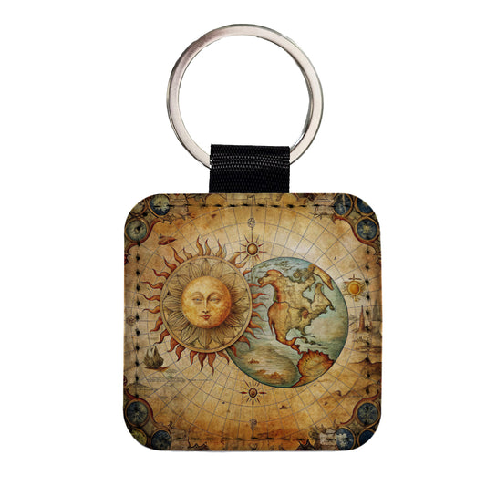 Vintage Sun Moon Map Square Faux Leather Keychain