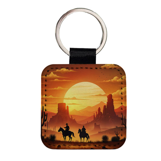 Wild West Sunset Silhouettes Southwest Landscape Square Faux Leather Keychain