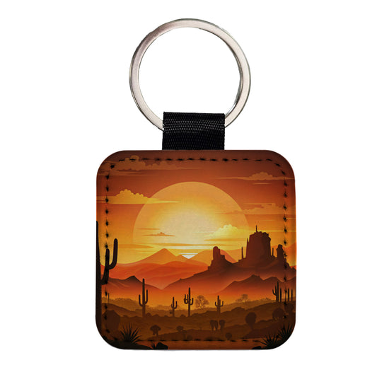 Wild West Sunset Southwest Landscape Silhouette Square Faux Leather Keychain