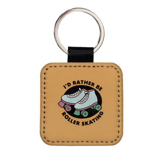 I'd Rather Be Roller Skating Square Faux Leather Keychain