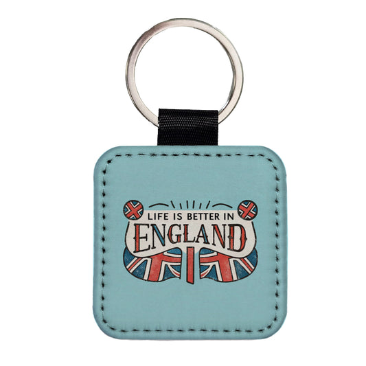 Life Is Better In England Square Faux Leather Keychain