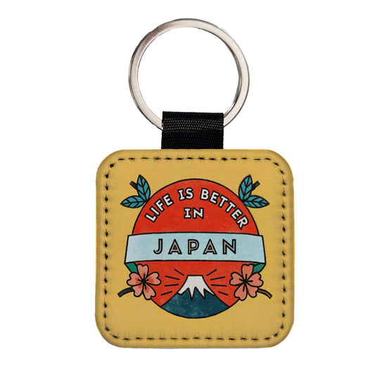 Life Is Better In Japan Square Faux Leather Keychain