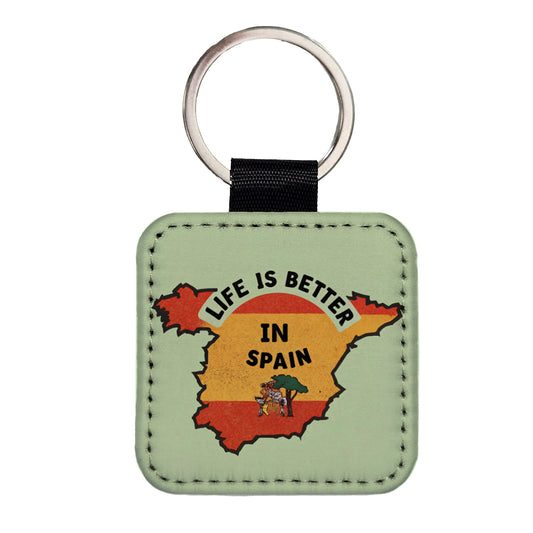 Life Is Better In Spain Square Faux Leather Keychain