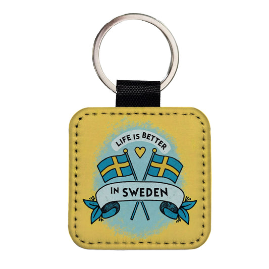 Life Is Better In Sweden Square Faux Leather Keychain