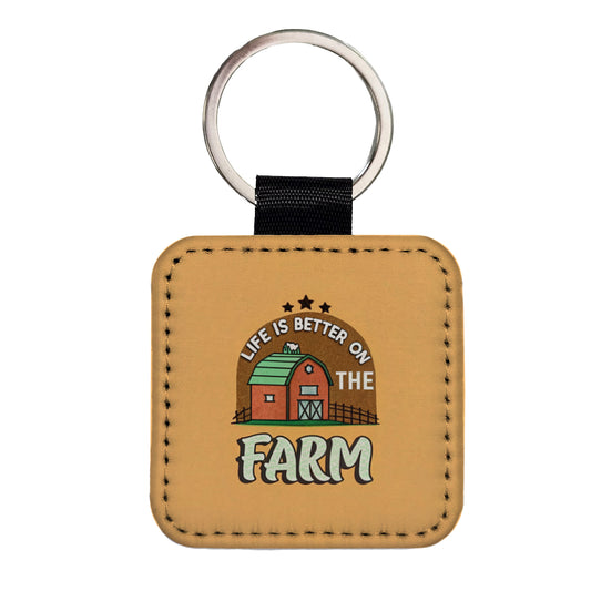 Life Is Better On The Farm Square Faux Leather Keychain