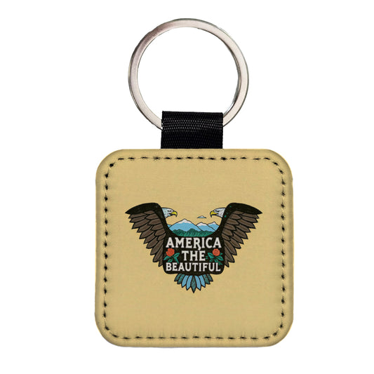 America The Beautiful Eagle Wings USA Square Faux Leather Keychain