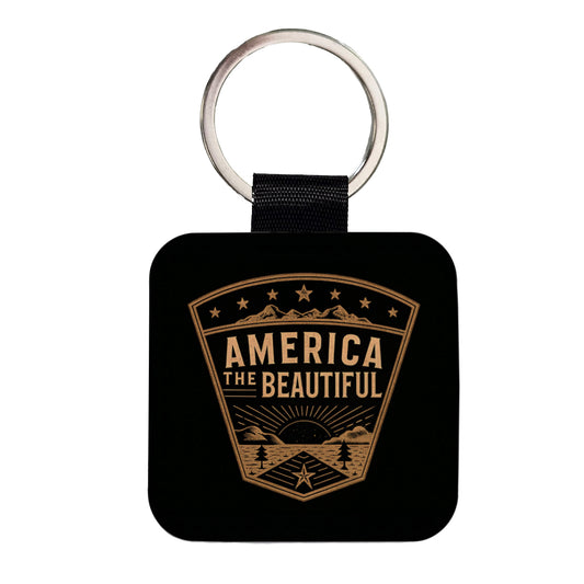 America The Beautiful United States USA Patriotic Black Tan Square Faux Leather Keychain