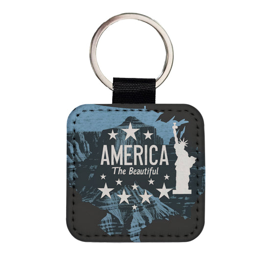 America The Beautiful United States USA Patriotic Statue of Liberty Square Faux Leather Keychain