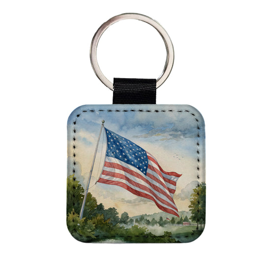 American Flag Waving Watercolor USA United States Square Faux Leather Keychain