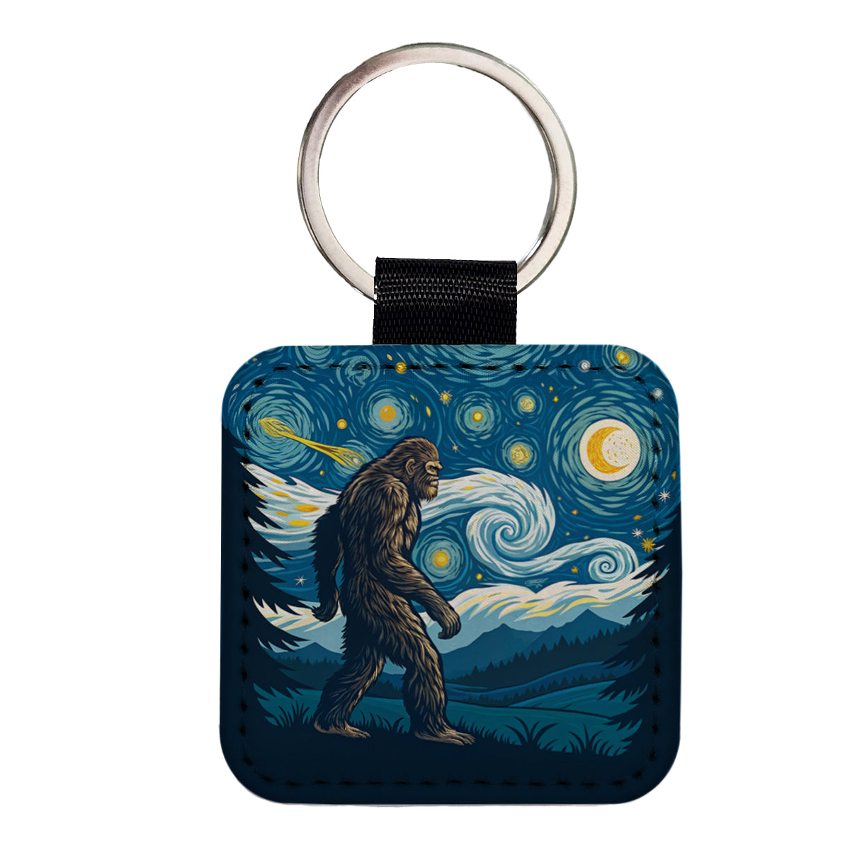 Big Foot Van Gogh Starry Night Square Faux Leather Keychain